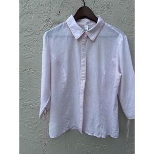 Vintage Old Navy Womens Pink 100% Linen Button Down Shirt 3/4 Sleeve Tie  Size L